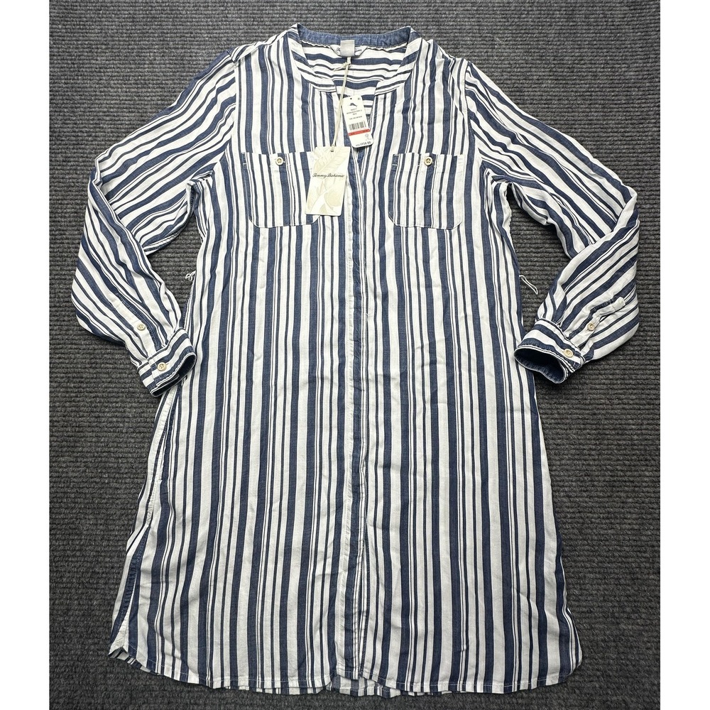 Tommy Bahama Dress Womens XS Blue White Stripeβ Shirt Long Sleeve Tencel Pockets